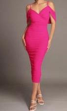 SHEIN Women’s Hot Pink Wrap Ruched Mesh Overlay Bodycon Midi Party Dress Size L