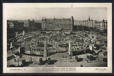 Barcelona, Placa de Catalunya vers el Tibidabo, Ansichtskarte 1928 