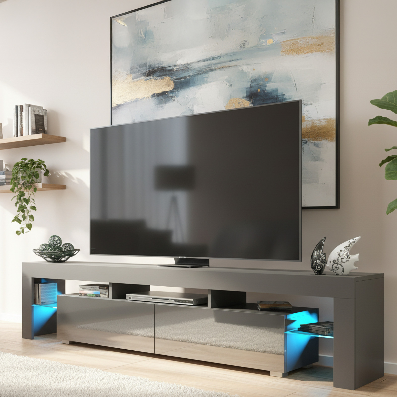 TV Unit Sideboard Cabinet TV Stand Grey Gloss LED Media Storage Console 200cm
