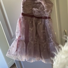 Girls Pink Floral Embroidered Tulle A-Line Knee Length Dress V-Neck Lined 6
