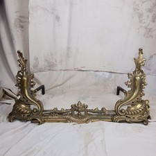 Antique French Louis XV Rococo Style Brass Fireplace Andirons And Fender Large
