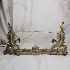 Antique French Louis XV Rococo Style Brass Fireplace Andirons And Fender Large