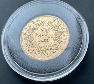 France 1858 bullion Gold 20 Francs Napoleon III Paris “A” in Black Airtite