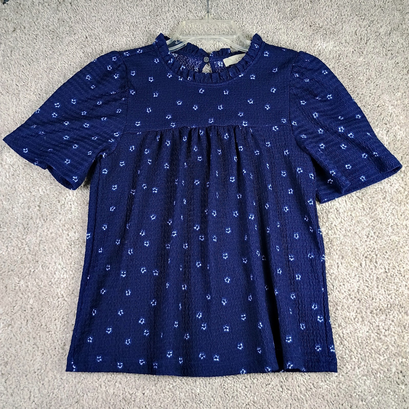 LOFT Navy Blue Textured Peasant Blouse XS Floral Swiss Dot Boho Cottagecore Top