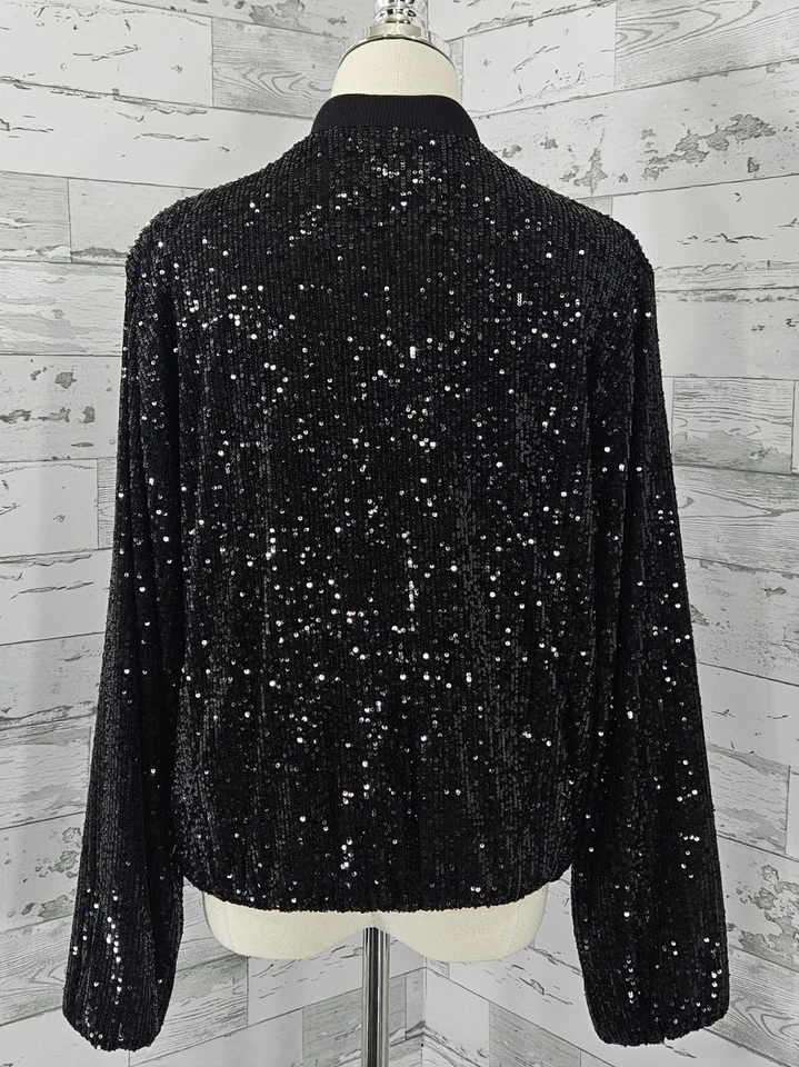 Loft Sequin Bomber Jacket Black Full Zip Womens Medium Pockets - Image 4 of 4