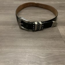 Nocona Belt Co Black Leather Rhinestone Silver Buckle Embroidered Women Large