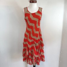 Robbie Bee Ruffle Hem Dress 6 Red Tan Chevron Lace Back Resort Y2K Boho Tropical