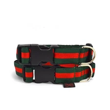 Nylon Dog Collar Adjustable Green Red Stripe Durable Pet Collar