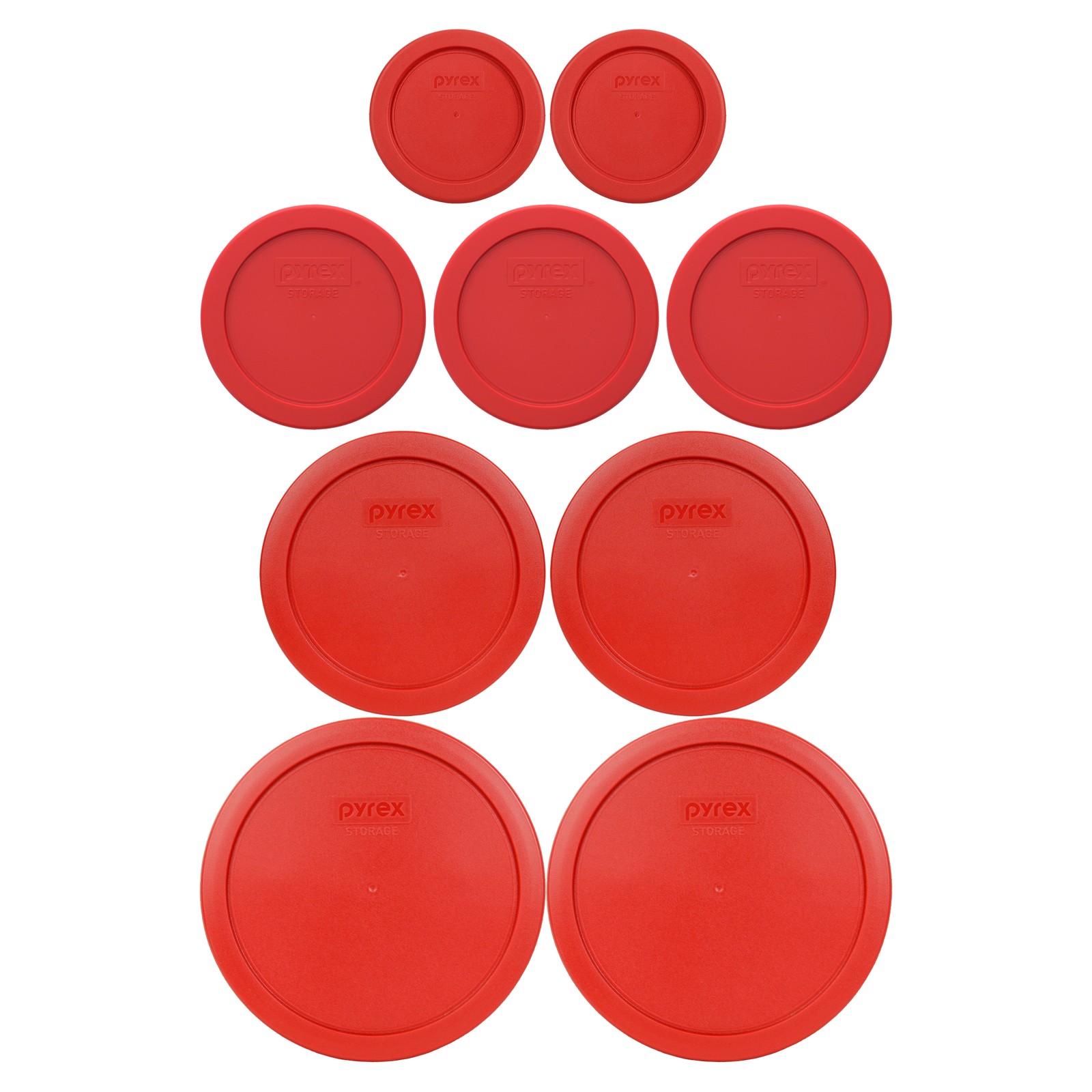 Pyrex (2) 7202-PC, (3) 7200-PC, (2) 7201-PC, (2) 7402-PC Poppy Red Lids