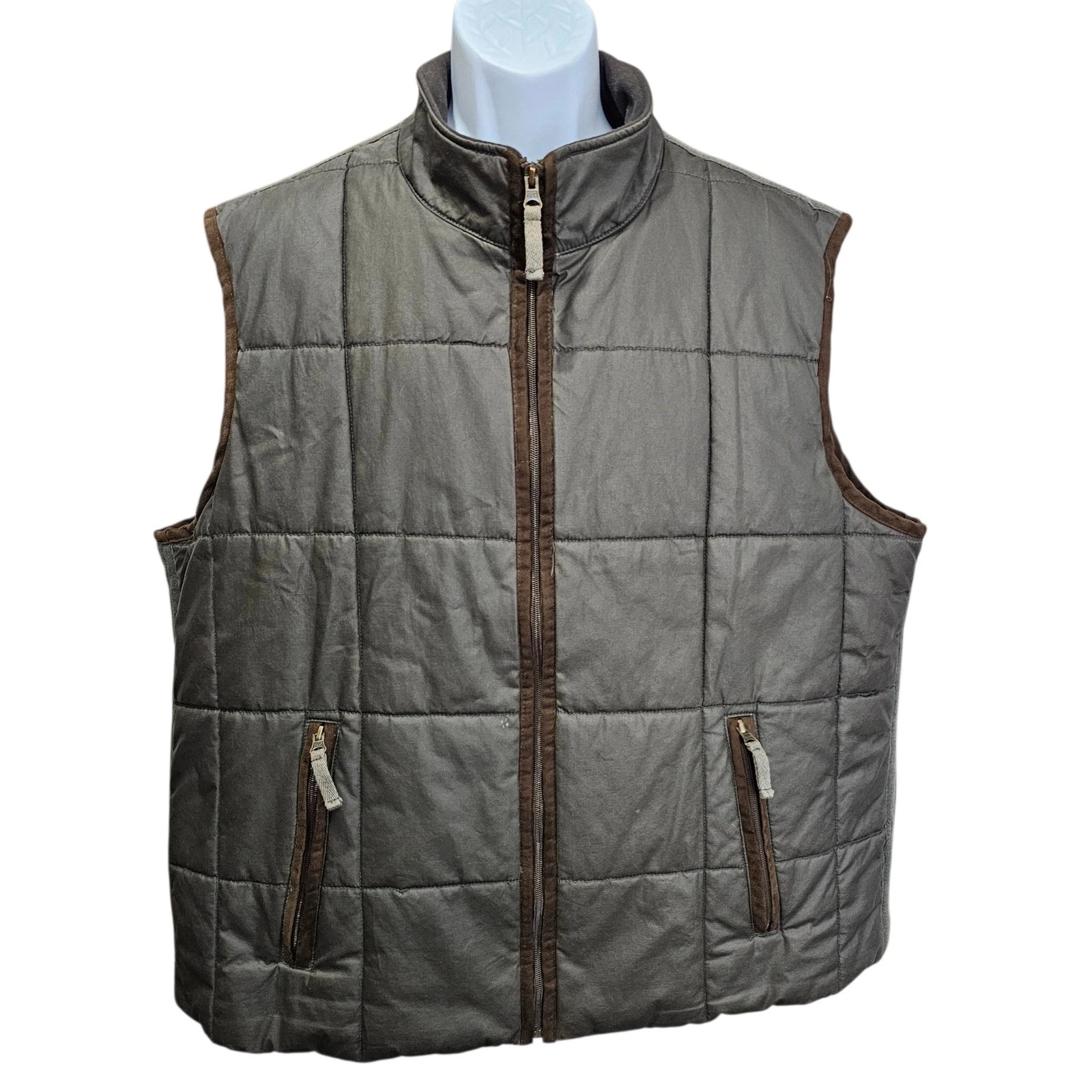 Johnston & Murphy Mens XXL Quilted Vest Olive Green Plaid Flannel Lined Full Zip