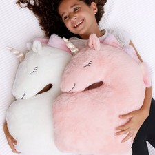Set of 2 Decorative Unicorn Pillows for Girls Bed Room - White Pink Fluffy Pl...