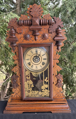 Antique 1896 Ingraham ANTLER WALNUT TRIM Mantle Clock & Alarm - VIDEO - SERVICED