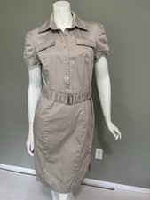 Calvin Klein Tan Shirt Dress Safari Style Belted Button Front Ruched Sleeves S