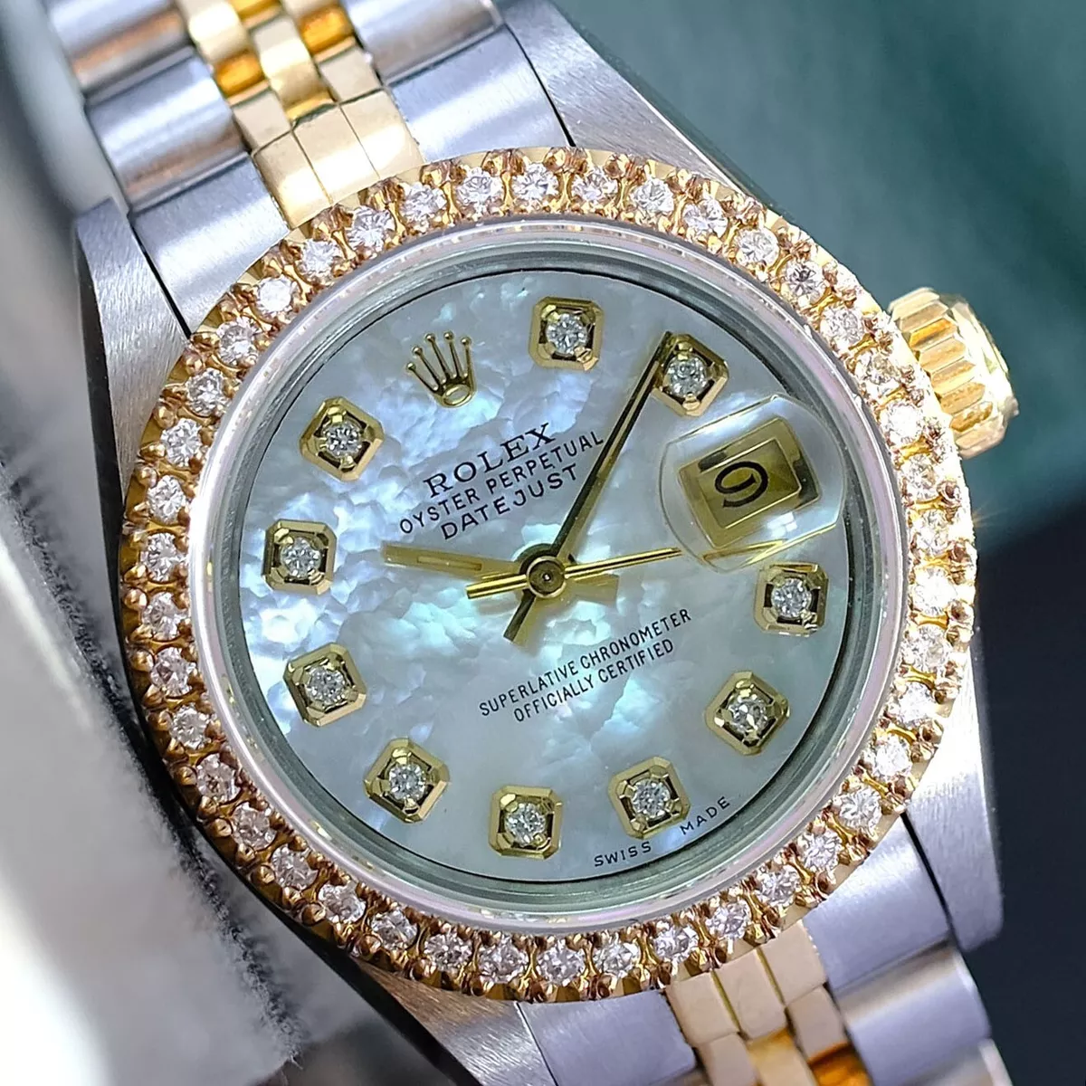 LADIES ROLEX DATEJUST TWO TONE WHITE DIAMOND DIAL DIAMOND BEZEL
