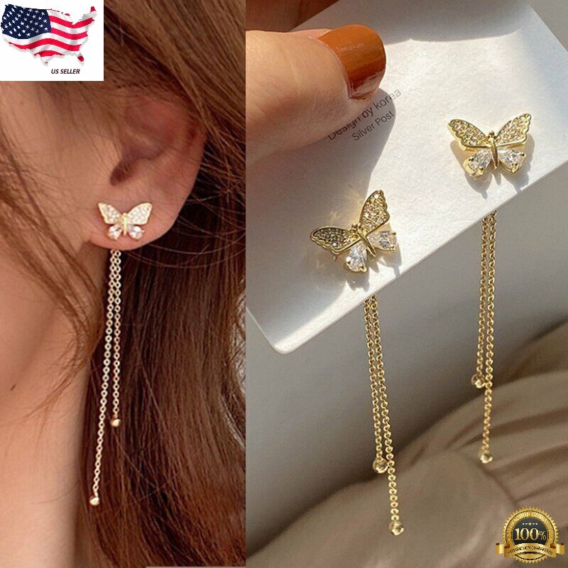 Fashion Butterfly Long Tassel Crystal Earrings Women Drop Dangle Ear Stud Gifts