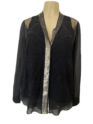 Rohit Gandhi Rahul Khanna Top Blouse Button Shirt Black Long Sleeve Sequin Sheer