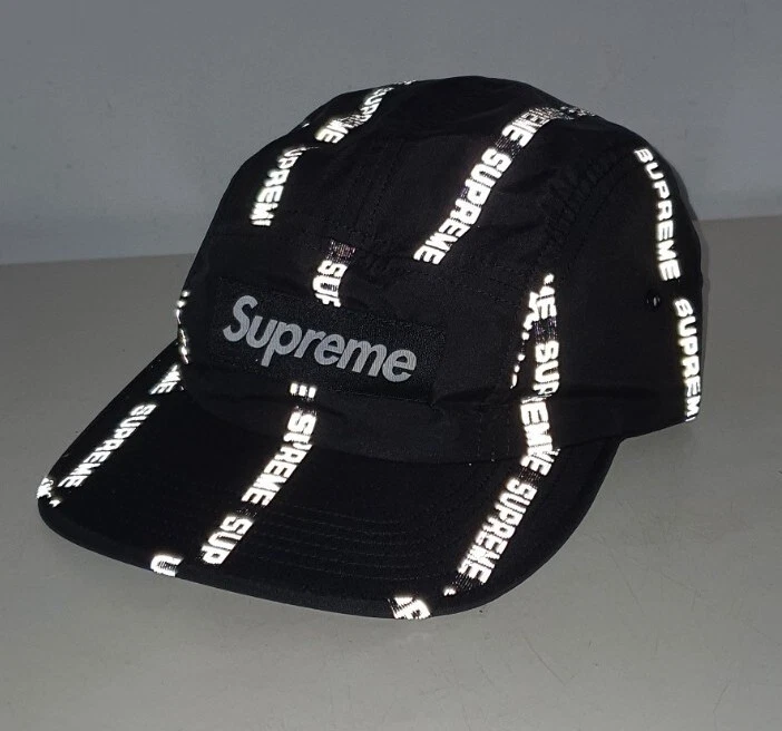 FW18 Supreme Reflectante Texto Camp Cap Sombrero Negro Agua Resistente Jacquard