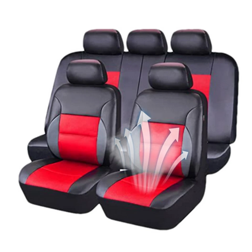 Juego completo de fundas de asiento de coche de cuero PU cojín delantero trasero accesorios interiores 9 piezas Foto 3 de 4