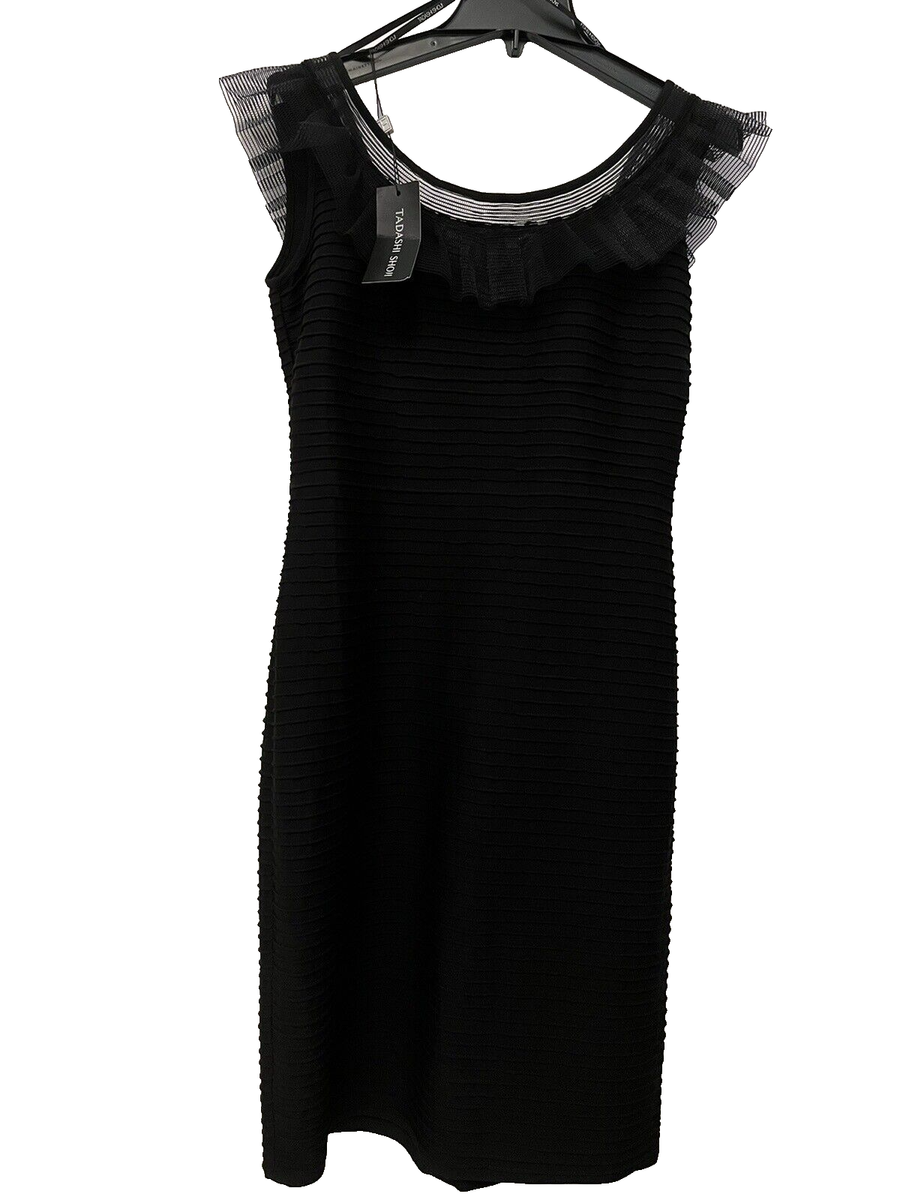 Tadashi Shoji Pintucked Jersey Dress w/ Horsehair Trim, Black, Women's, L