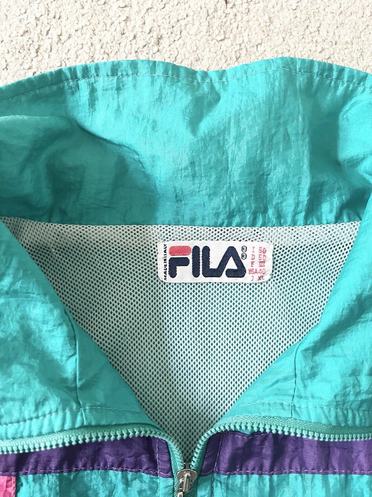 Giacca a vento vintage FILA uomo turchese logo ricamato grande
