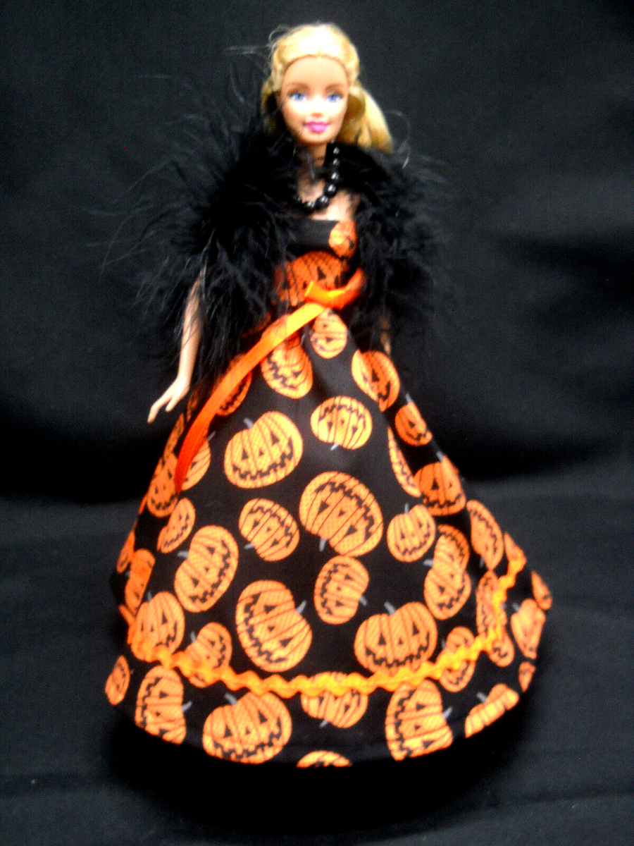 Halloween Black w/ Pumpkins Gown Fits Barbie Dolls Handmade with Boa &  Necklace | eBay