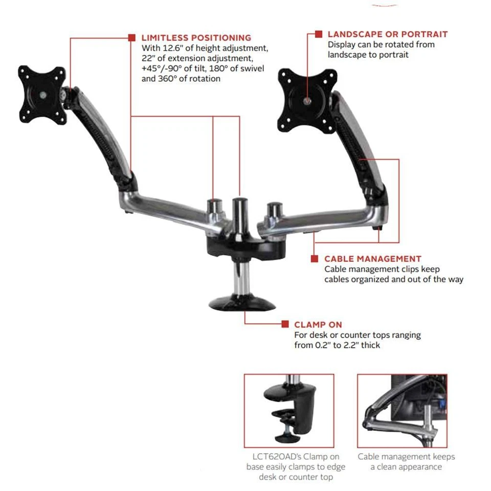 Peerless Dual Monitor Desktop Clamp Mount Arm for up to 29 inch Monitors VESA - Image 3 of 4
