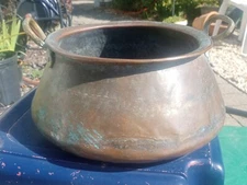 Antique Hand Hammered Copper Cauldron/Pot Iron Handles Heavy Primitive