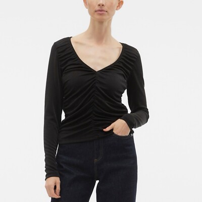 NWT AWARE VERO MODA Black City Chic Rouched V Neck Long Sleeve Blouse Women s XL