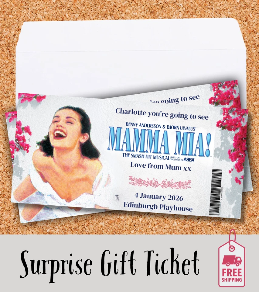 NEWHOUSE LABELS MAMMA MIA Musical Theatre Gift Personalise Ticket Surprise Christmas Voucher
