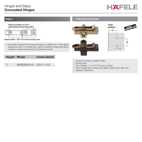 Hafele Salice Domi BARGR29/16 2mm Wing Hinge Mounting Plate, 329-71-512 - Picture 2 of 13