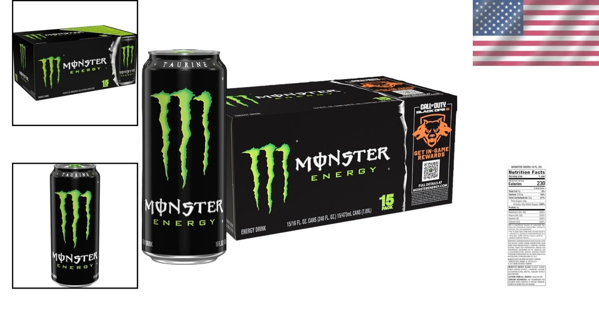 Monster Energy Drink Pack of 15 - 16 oz Original Cans with 160mg