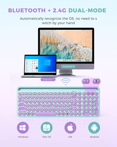 Cute Wireless Bluetooth Keyboard Dual Mode Bluetooth 2.4G round Green Purple - Picture 4 of 6