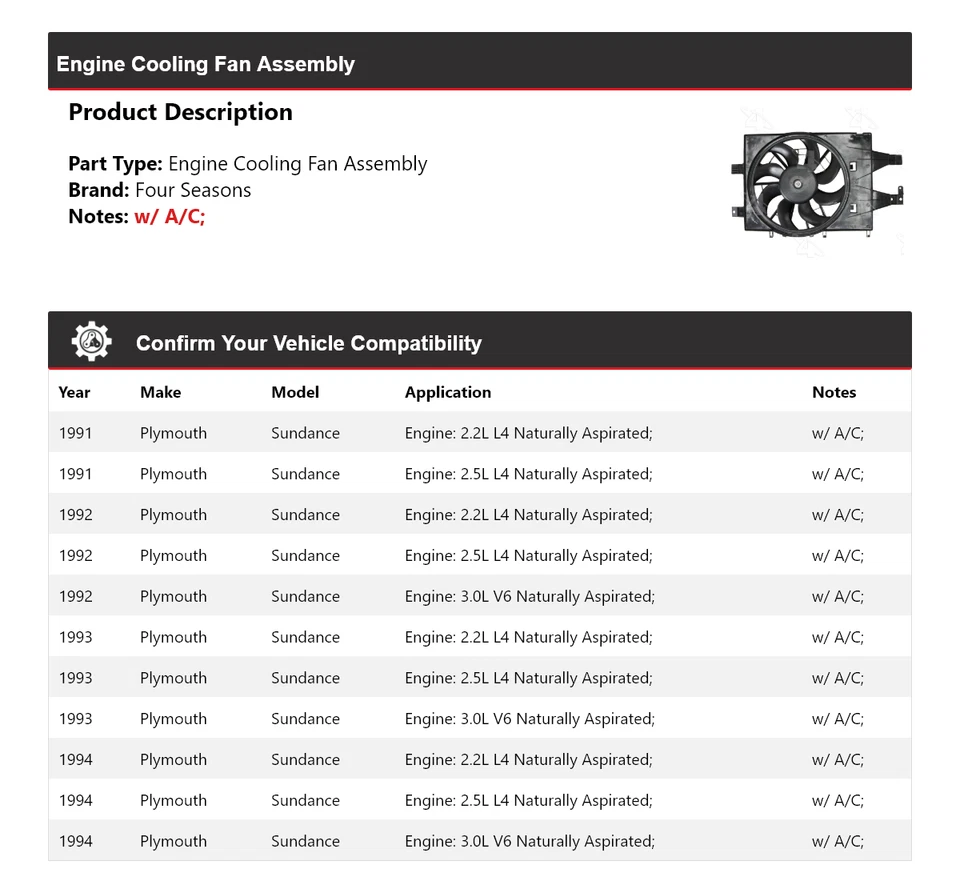 Conjunto de ventilador de refrigeración del motor Plymouth Sundance 1991-1994 4 estaciones 1992 1993 Foto 2 de 4
