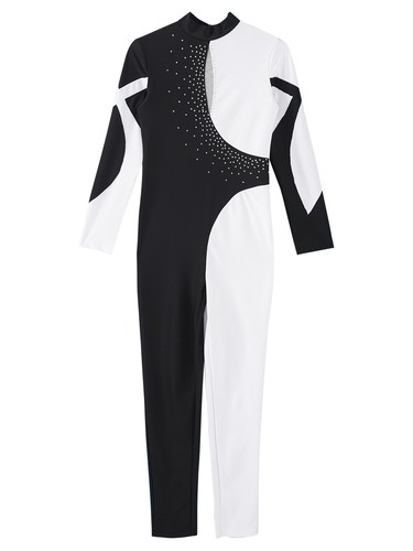 Girls Color Block Dance Costume Gymnastics Jumpsuit Long Sleeve Skating Bodysuit - Picture 118 of 119