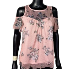 Amy Wear Pink Floral Cold Shoulder Tunic Top Blouse Womens Size M