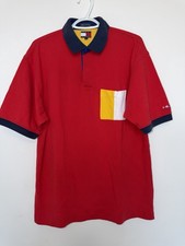 Vintage 90s Tommy Hilfiger Men's Red/navy Polo Shirt Snaps Pocket EUC Large