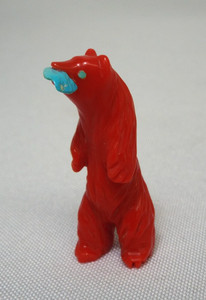 Zuni Fetish Carved Red Stone Standing Bear 4.8g Native American Animal Inlaid