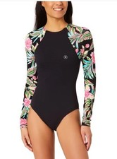 Hurley Womens Swimsuit Black Multicolor Floral Long Sleeves UPF 50 Stretch