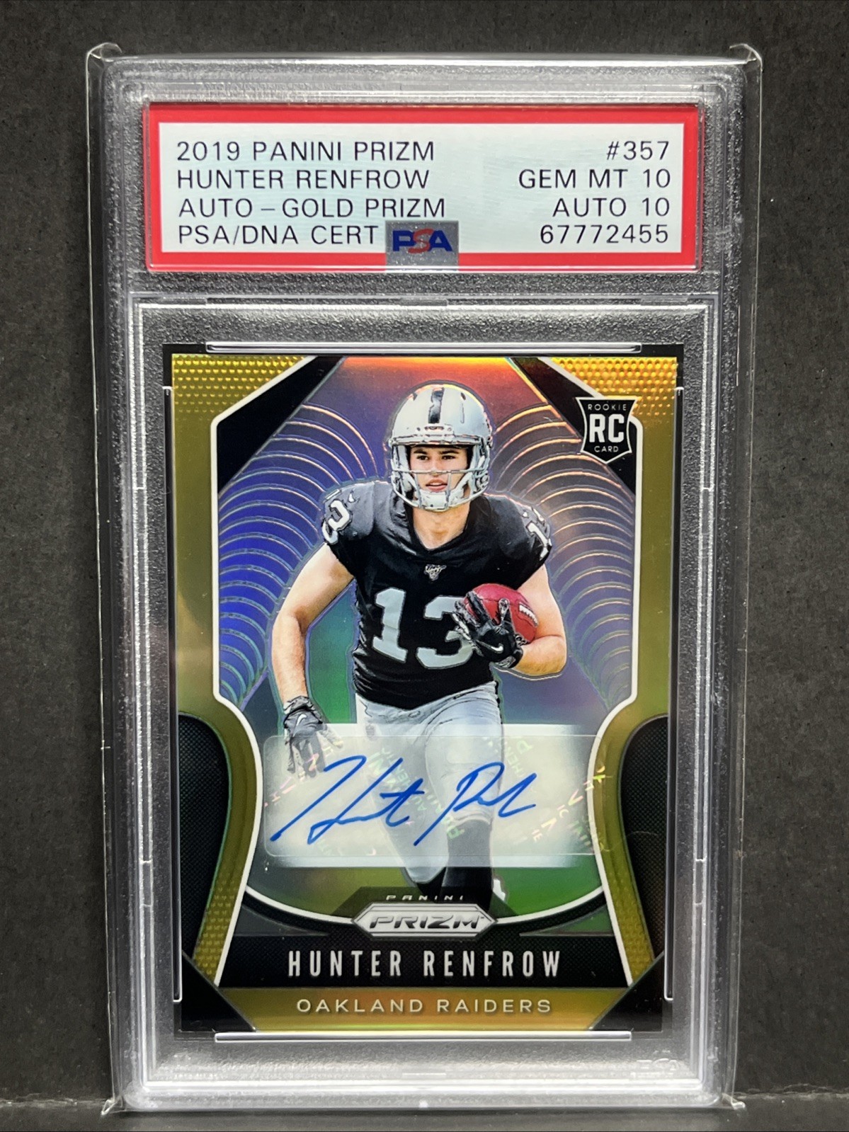 2019 Prizm #357 Hunter Renfrow Gold Prizm Rookie Auto 01/10 PSA 10 10 Auto