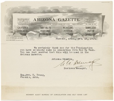 1916 ARIZONA GAZETTE Illustrated Letterhead | Re: Phoenix Mayor Proclamation