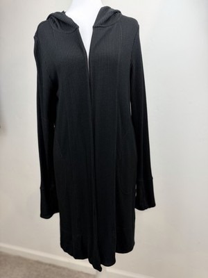 Athleta Harmony Pose Wrap Womens Small Black Ribbed Hooded Cardigan Thumbholes