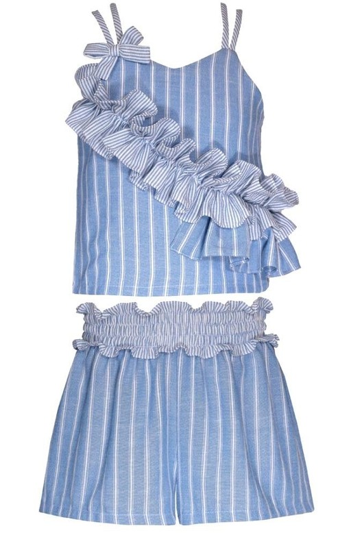 NEW Bonnie Jean Girls Size 14 "BLUE WHITE RUFFLE" Woven Stripe Top Shorts NWT