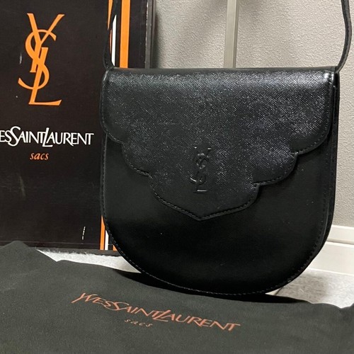 Yves Saint Laurent Vintage Black Leather Shoulder Bag Flap Embossed Authentic