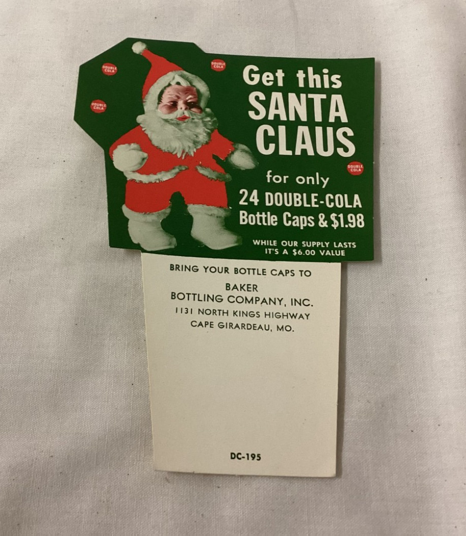 1950s DOUBLE COLA Bottle Topper Carton Stuffer for FREE RUBBER FACE SANTA CLAUS