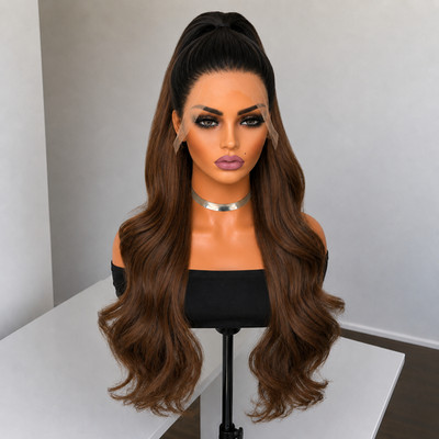 Synthetic Hair Soft Ombre Brown Women Frontal Lace Wigs Long Wavy