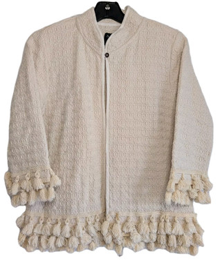 Sacred Threads One Button Cardigan Sz S/M Ecru 3/4 Slv Fringe Tassels VTG *FLAW*