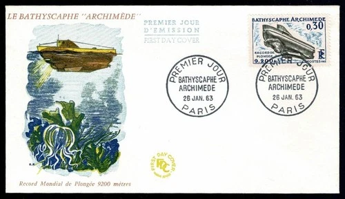 FRANCE FDC ships 1963 Submarine"Archimede"  record dive in the ocean   SG72H
