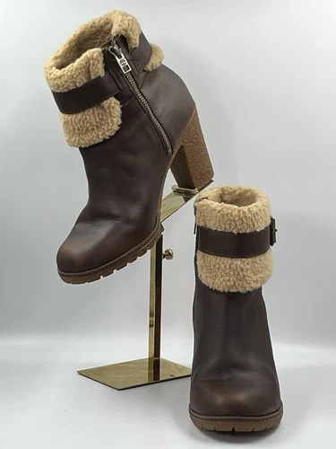 Stivali Timberland Glancy Teddy pile tacco pieghevole blocco pelle marrone zip 8M