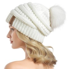 Women Knit Slouchy Beanie Chunky Baggy Hat with Faux Fur Pompom Wint...