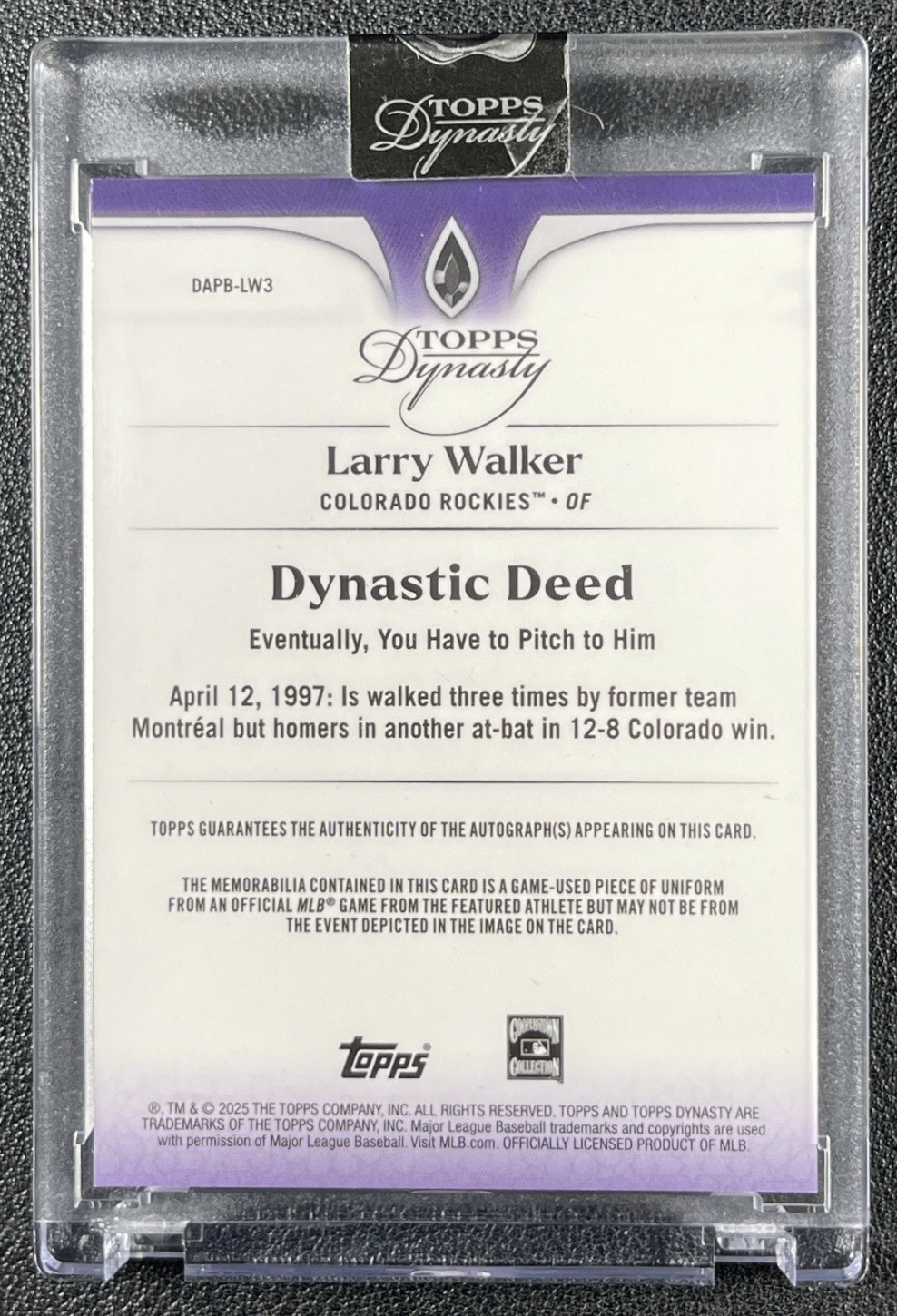 LARRY WALKER 2025 TOPPS DYNASTY #DAPB-LW3 GAME-USED PATCH AUTO 7/10 ROCKIES view 2